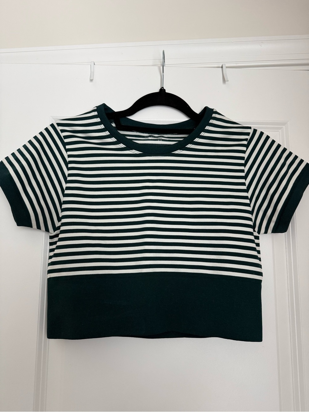 aerie Dark Green & White Striped Cropped Tee